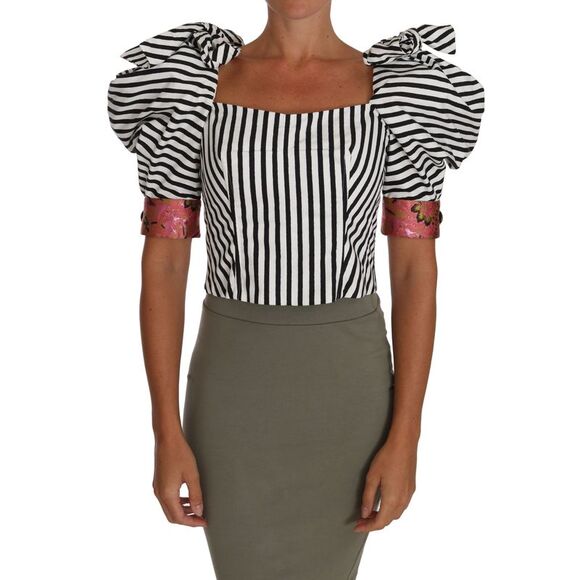 Dolce & Gabbana White Black Striped Cropped Top Puff Sleeve Women's Shirts